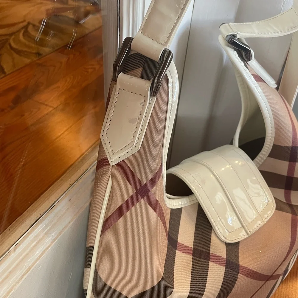 Burberry Cream and Tan Plaid Hobo Bag